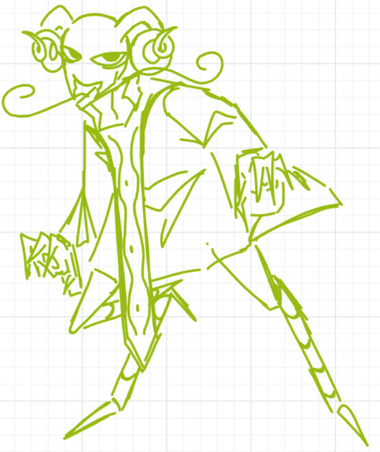 a whiteboard fox sketch of akizet with bug legs, a bug abdomen as a tail, and mandibles. she is in a battle-ready stance.