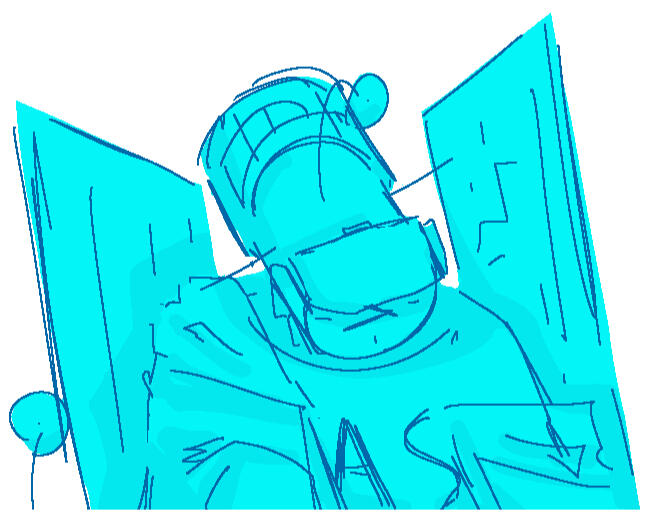 a digital doodle of hubble from 17776, drawn with a humanoid design. he has blue lines and colored in with simply shaded cyan. he appears to be stunned.
