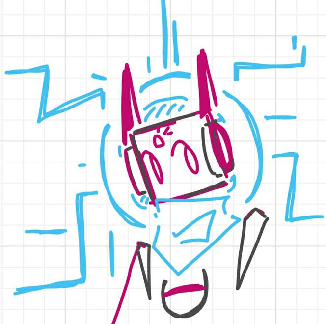 a clean whiteboard fox doodle of unrelenting carnage, an iterator sona for rain world, with a bright blue iterator halo. the halo has circuitry-like branches coming out of it, reminiscent of a mind abasement halo from hello world.