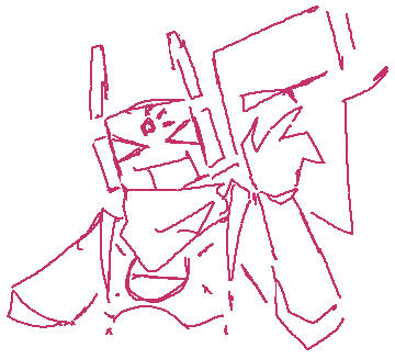 a digital doodle of unrelenting carnage, an iterator sona for rain world. he is smiling wide and waving at the viewer. he is quickly and cleanly sketched in with a reddish pixel brush.
