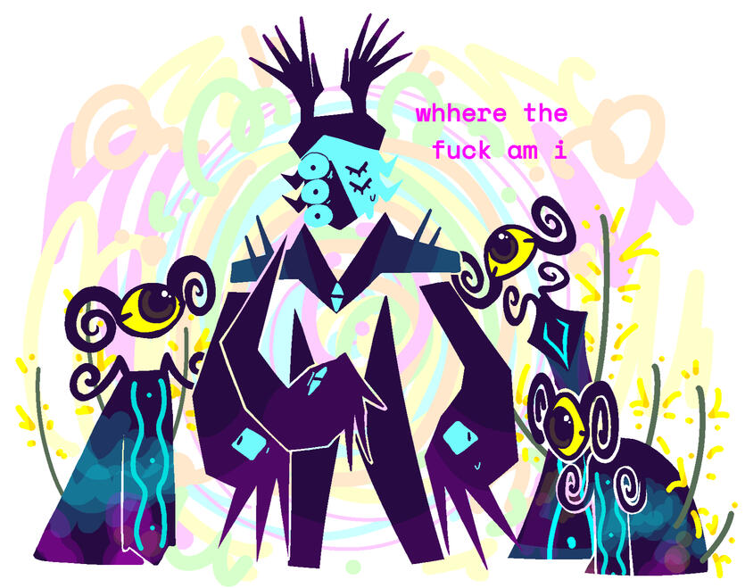 a lineless drawing of miltza in jokzi ozo, surrounded by effigies. she looks surprised. she says "whhere the fuck am i"