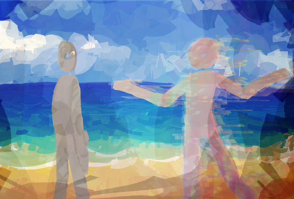 a ms paint render of two hello world discfolk at a beach. the disc on the left is completely gray and looks nervous. the disc on the right is glitching and distorted, and is enthusiastically showing off the ocean. void-like patterns creep in from the edges