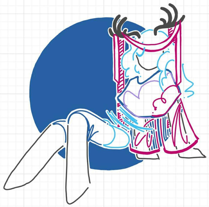 a clean whiteboard fox drawing of kasche, an OC for corru.observer, sitting down and posing. there is a blue circle behind her.