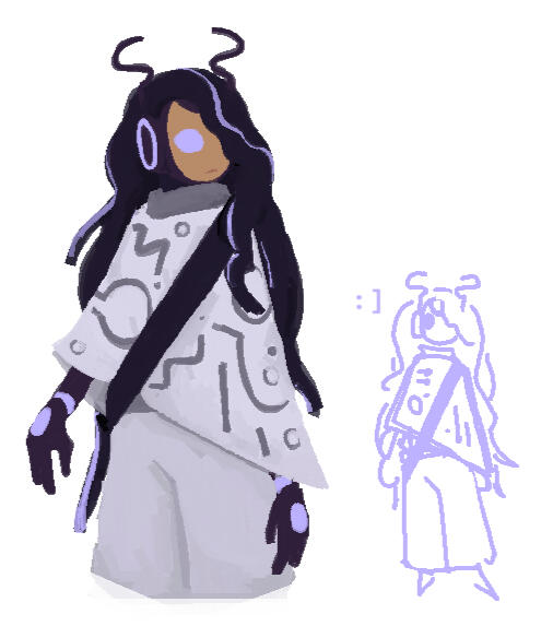 a simple ms paint of an unnamed soldier oc for hello world, just standing there, looking to the side. there is also a smaller quick doodle on the right, drawn in lavender.
