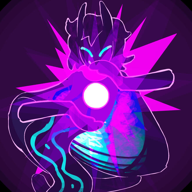 a digital drawing of cavik from corru.observer with bright vibrant colors. his hands are encircling an IED in the middle of the screen, depicted as a bright white ball with pink spiky overlays in the shapes of stylized explosions coming out from it.