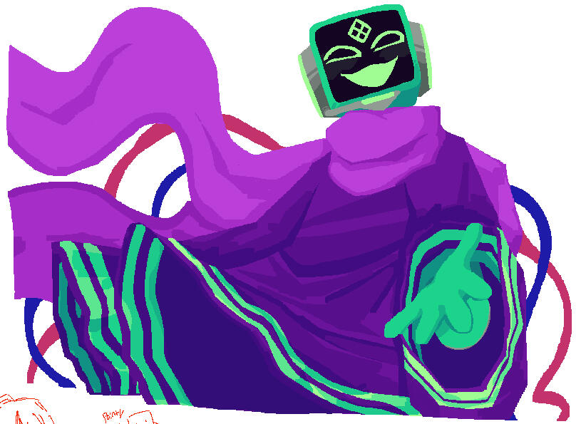 a lineless drawing of no significant harassment , made in magma . he is floating in place while extending a hand towards the viewer and smiling wide .