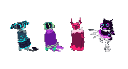 silly skins a gif taken from rain world of four players featuring four different skins. from left to right, they are; hubble from 17776 as an iterator, no significant harassment, seven red suns as the just shapes and beats level spectra, and idril from corru.observer.